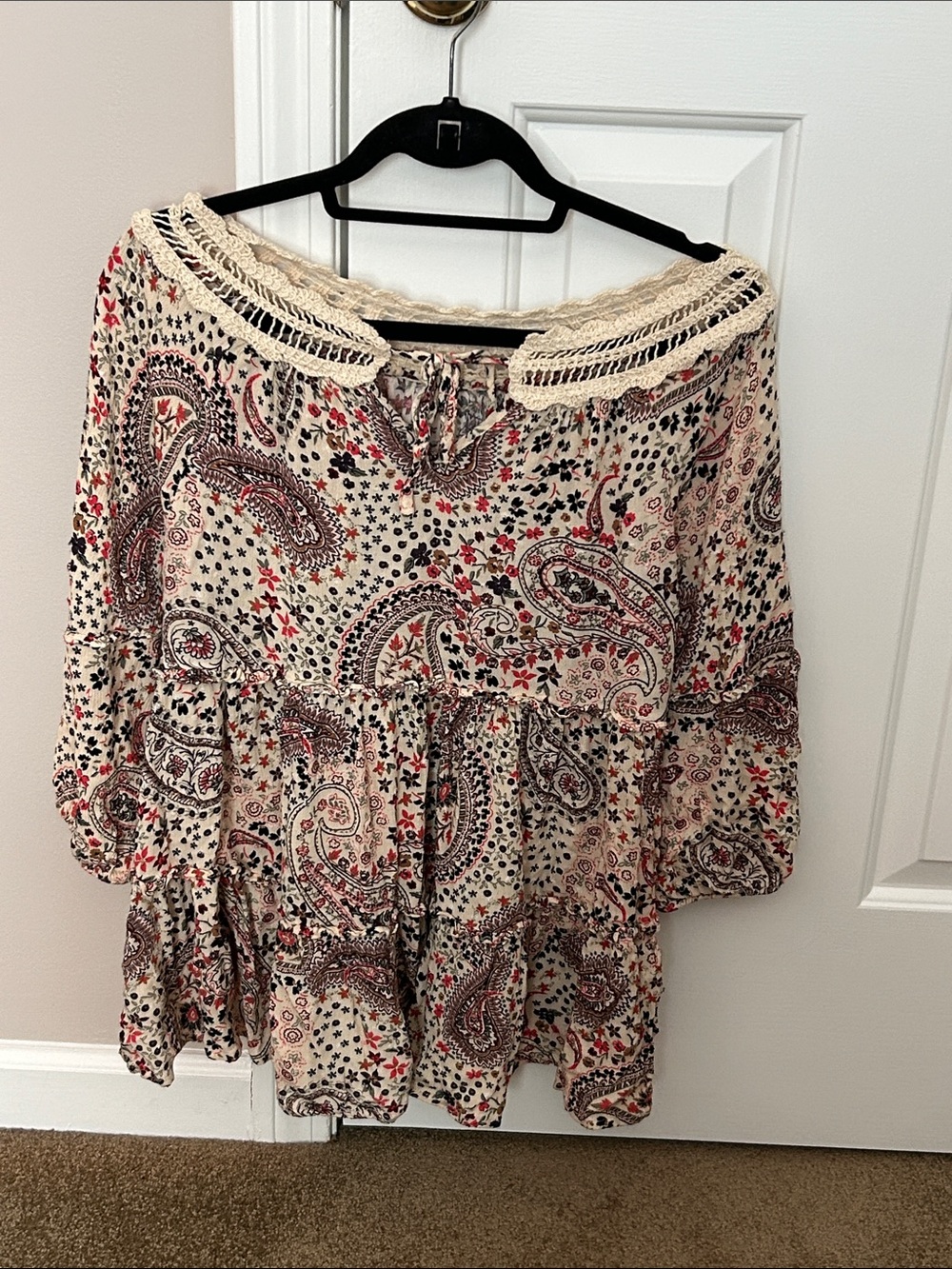Cream Paisley Peasant Tunic Top with Crochet Trim